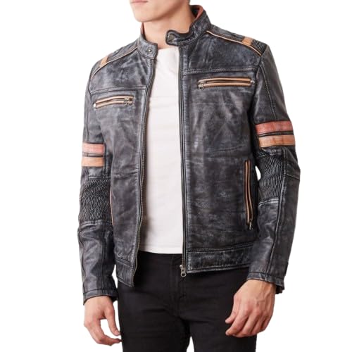 Image of Men's Leather Jacket Cafe Racer Biker Style Retro Stripes Jacket, Motorcycle Racing Leather Jacket Men
