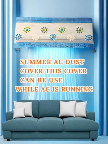 Image of Premium Cotton Net Split AC Cover for 1.5 Ton Indoor Unit | Designer Summer AC Dust Protection Cover | Stylish Protective AC Cover | 38 x 15.35 x 7.8 In | Blue Net