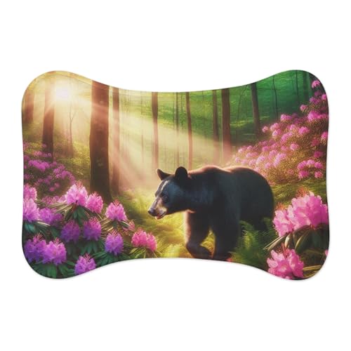 Vibrant Black Bear Among Rhododendrons Pet Feeding Mat