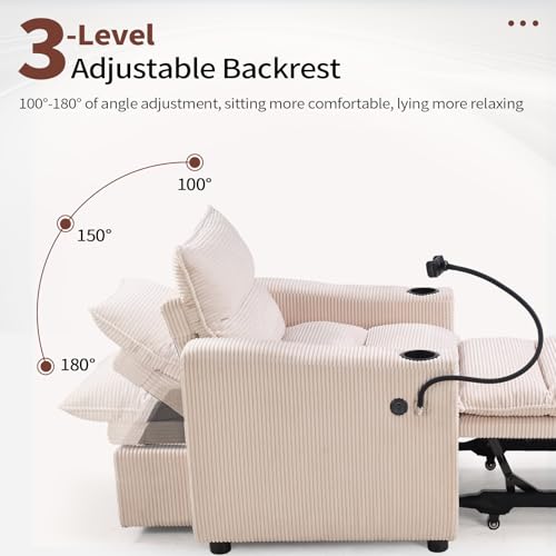 Image of HAOMARKETS Corduroy Sleeper Sofa Bed with Cup Holders, 3-in-1 Convertible Pullout Futon Couch with Phone Holder&USB Charge Port, Single Armchair with 3-Level Adjustable Backrest for Apartment