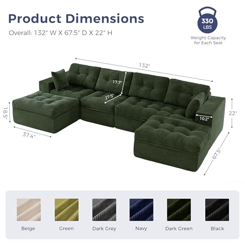 Image of MAXYOYO 132 inch U Shaped Modular Sectional Sofa with 2 Ottomans, Cloud Boneless Couch with Layered Cushion, Flexible Module Combination Sofa for Living Room, No Assembly Required, Dark Green