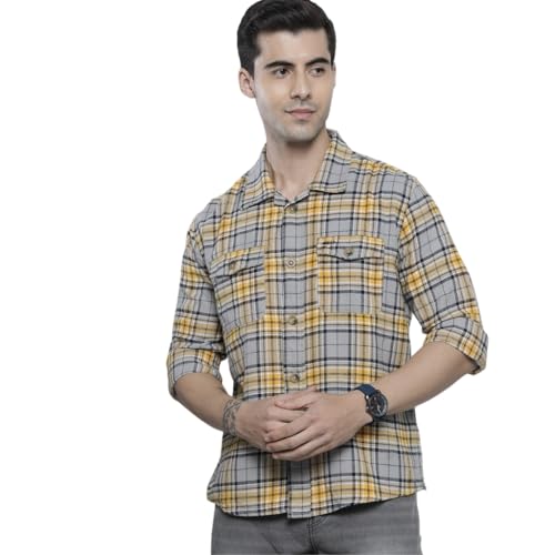 Image of The Indian Garage Co Men Regular Fit Checkered Full Sleeves Spread Collar Double Flap Pocket Casual Over Shirt