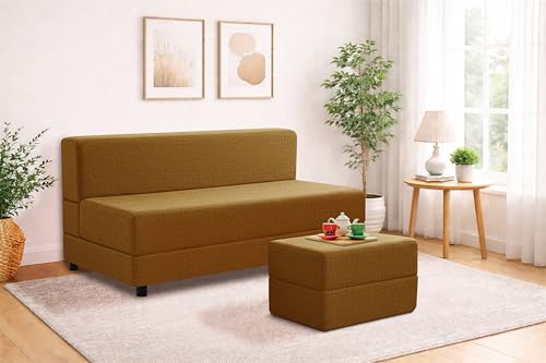 Image of 5X6-Feet Leg Sofa Cum Bed with Ottoman | Jute Fabric 3 Seater Convertible Sofa Bed | Modern Space Saving Furniture for Living Room | Golden