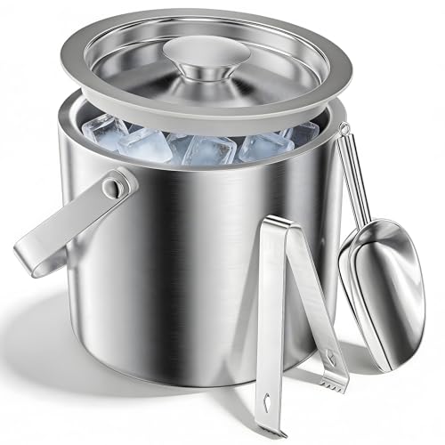 3L Ice Bucket with Lid and Tongs Scoop, Double Walled Insulated Ice Buckets for Beer, Wine, Champagne, Cocktail, Inner 304 Stainless Steel, for Home Bar, Pubs, Parties, BBQ, Clubs