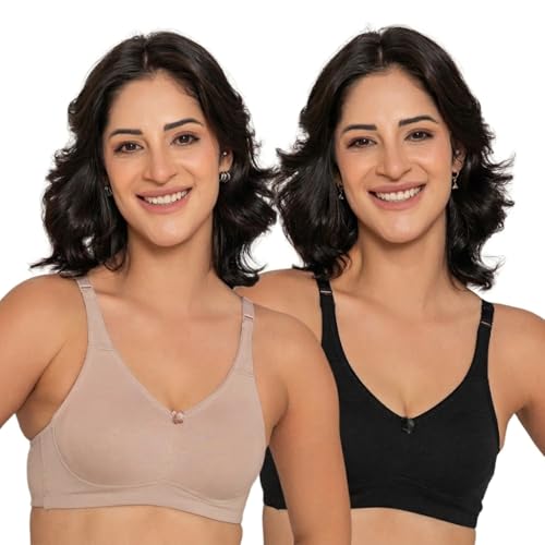 Image of INKURV Seamless Non-Padded Bra for Women | Non-Wired Cotton Full Coverage T-Shirt Bra | Thin Adjustable Straps | Double Layered Cups | Anti Sag Lift Up Support | Luna Combo of 2
