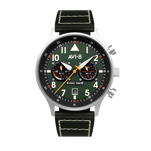 AVI-8 Herren 43.5mm Hawker Hurricane Carey Dual Time Gutersloh Japanische Quarz Fliegeruhr mit Edelstahlarmband AV-4088-22