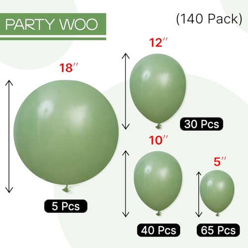 Image of PartyWoo Sage Green Balloons 140pcs Different Sizes Pack of 18 12 10 5 Inch Olive Eucalyptus Dusty Green Boho Neutral Balloon Arch Kit for Jungle Forest Dinosaur Birthday Party Decorations Green-F81