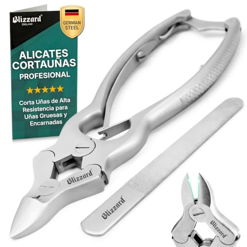 Blizzard Alicates Cortauñas Profesional para Pies - Corta Uñas de Alta Resistencia Triple Articulación para Uñas Gruesas y Encarnadas - Acero Inoxidable Grado Podología con Lima - 15cm Resorte Doble