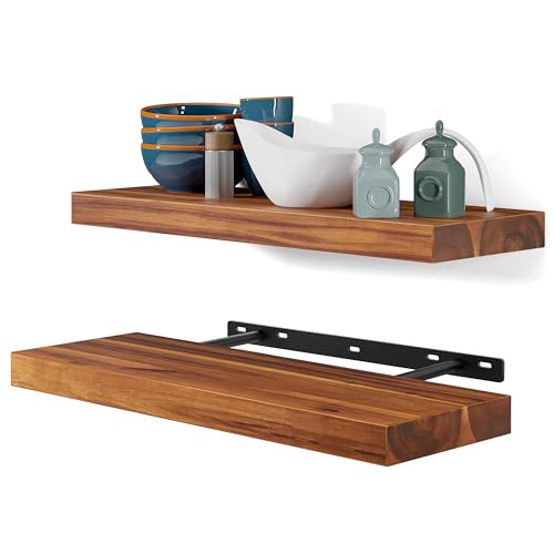 BATODA Set of 2 17" Acacia Wood Floating Shelves Wall Mounted – Rustic Farmhouse Wooden Wall Storage Shelf for Bedroom, Kitchen, Home Décor - Brackets and Shelving Mounting Hardware Included