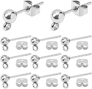 PandaHall 200pcs Ball Stud Earring Kit, Stainless Steel Ball Post Earring Studs Round Ball Ear Pin with Loop with Butterfly Earring Back for Dangle Earring Jewellery Making