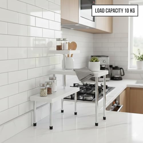 Image of U-Max 3-Tier Multipurpose Corner Kitchen Rack, 3 tier kitchen shelf, Space Saving Countertop Shelf Organizer for Spice Jars, Containers, Cups & Cooking Essentials (White)