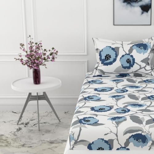 Image of LORETO - A QUALITY LINEN BRAND 186 TC 100% Pure Cotton Single Fitted Bedsheet with Pillow Cover for 36x78 inch Mattress, All-Around Elastic, Fits up to 8 Inch Depth, Blue & Grey Bloom Harmony