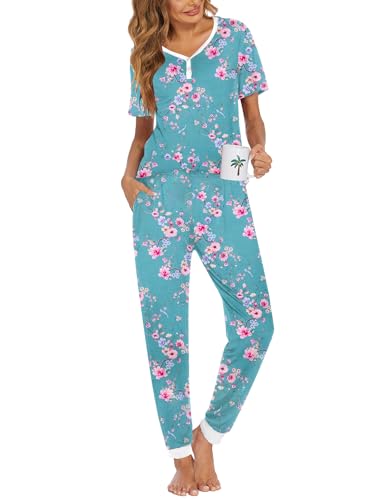 Image of Ekouaer Pajamas for Women Set 2 Piece Fall Lounge Sets Short Sleeve Pjs Joggers Long Pants Sleepwear with Pockets