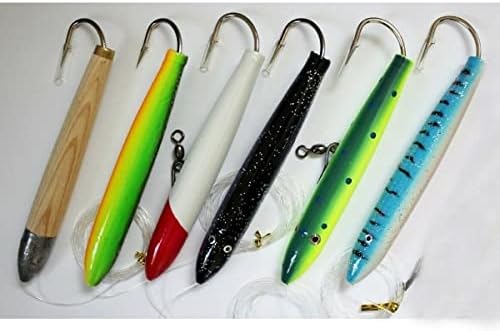 Lot of 6 Rigged 4" Cedar Plugs Tuna, Mahi Fishing Painted