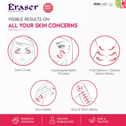 Image of Eraser Ayurvedic Anti Marks & Dark Spots Removal Cream - Unisex (25g*6) | with Wheat Germ Oil, Haldi, Neem, Rose, Kesar | Dark Circle | Pregnancy Delivery Marks | Pigmentation, Wrinkles, Blemishes