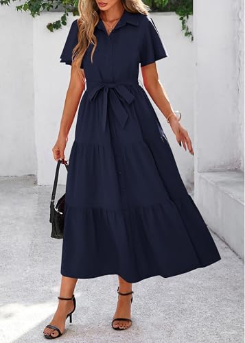 Image of KIRUNDO Summer Button Down Wedding Guest Shirt Dresses for Women Maxi Flutter Short Sleeve Flowy Tiered Beach Sun Dress