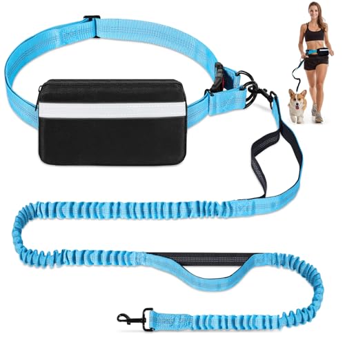 Guinzaglio Mani Libere per Cani,Mani libere, Regolabile guinzaglio per cani，Due maniglie imbottite,Marsupio riflettente rimovibile,Jogging/Corsa per cani fino a 50 kg, Blu