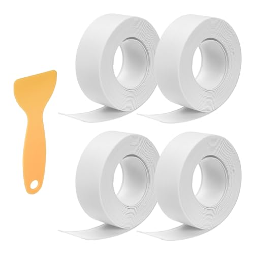 Image of uxcell 4 Rolls Caulk Tape, Caulking Strip Tape, 0.9 inch x 10.5Ft PVC Waterproof Self-Adhesive Sealing Tape for Kitchen Bathroom Toilet Sink Floor Corner Edge with Sealing Tool, White