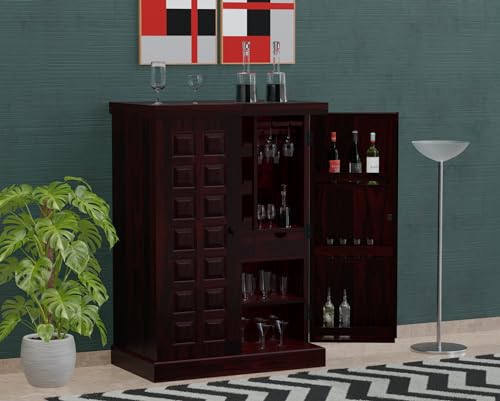 Krishna Wood Decor Solid Sheesham Wood Bar Cabinet with Wine Rack and Glass Holder, Bar Units with Storage Drawer, Furniture for Home, Restaurant and 