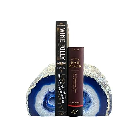 AMOYSTONE Decorative Stone Bookends Blue Agate Book Holder for Office Home Shelves Decors,1 Pair 3-4 LBS with Rubber Bumpers Cover