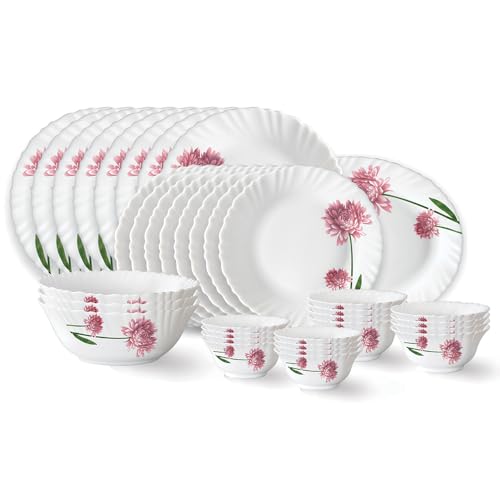 Image of Larah by Borosil Nargis Fluted Series Opalware Dinner Set | 36 Pieces for Family of 8 | Microwave & Dishwasher Safe | Bone-Ash Free | Crockery Set for Dining & Gifting | Plates & Bowls | White