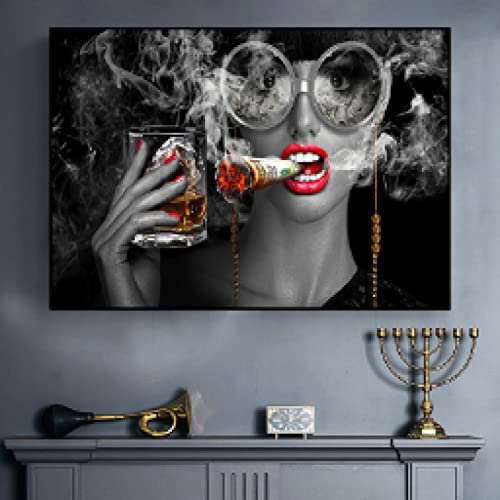 Peintures sur toile mode fille fumer boire du vin affiche murale 35x50cm sans cadre