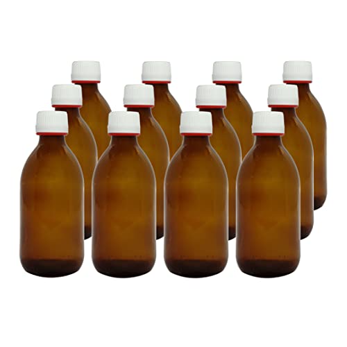 Botella de vidrio ámbar de 250 ml. Frasco de cristal cierre hermético con tapón a rosca y precinto apertura. 12 Unidades.