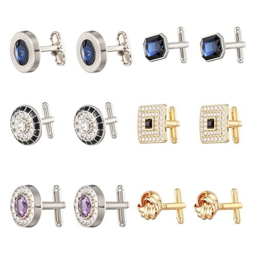 6 Pairs Cufflinks for Men Gorgeous Diamond Crystal Cufflinks Fashion Classic Tone Cuff Links Round Square Rectangle Cuff Links Shirt Studs Formal Business Wedding Gifts for Men