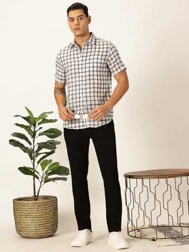 Image of Thomas Scott Men's | Checks | Half Sleeve | Slim Fit | Jute Linen | Spread Collar | Casual Shirt