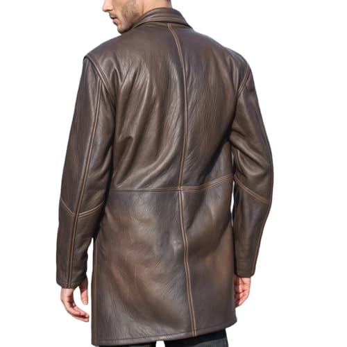 Mens 3/4 Length Coats Design Casual Fashion Button Up Car Coat Style Genuine Leather Long Jacket2