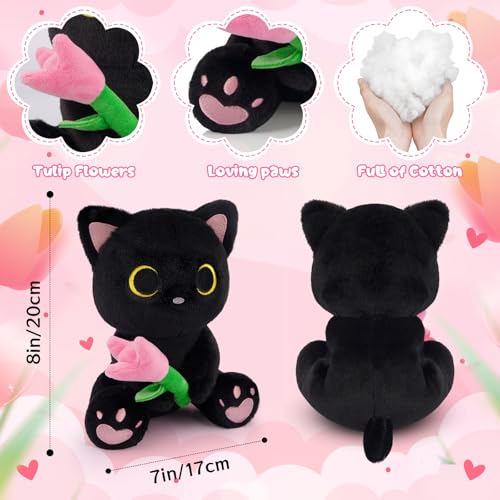 Image of Black Cat Plush Holding Pink Tulip - 8 inch Kawaii Stuffed Cat with Flower, Soft Cute Plush Toy for Mom, Cute Stuffed Animals for Girls & Kitten Lovers