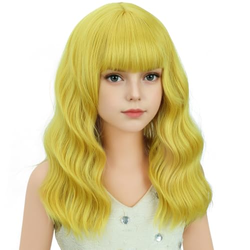 Image of Golden Blonde Wig Short Blonde Wavy Curly Wigs Wig with Air Bangs Synthetic Cosplay Hair Wigs