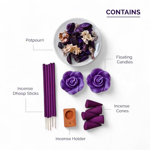 Image of IRIS Lavender Fragrance Gift Set | Floating Candles, Incense Sticks, Incense Cones, Potpourri & Incense Holder | for Home Decor & Gifting.