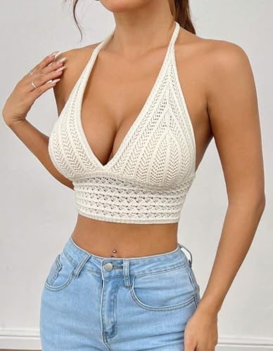 Women Lace Up Backless Crochet Crop Halter Top Y2k Slim Fit Sleeveless V Neck Self Tie Back Knit Crop Cami Top3