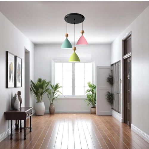 Image of 3 Light Cluster Hanging Bell Shade Light (Pink, Aqua Blue, Moss Green) Aluminium Hanging Pendant Light Drop, Antique Modern Ceiling Lamp (Bulb is not Included) 3 Light Cluster Set
