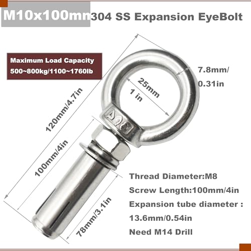 Image of M10 Stainless Expansion Eyebolt 4 inch(100mm) Long Threaded Screw Ring Lifting Shoulder Hook with Nut Washer Locking as Anchor Point for Cement Block Wall 330LB~550LB,6 Pcs M10X100mm