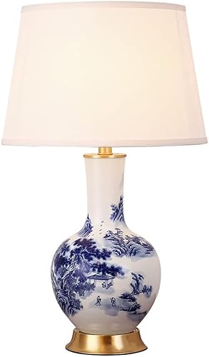 SANBDDLYY Nordic Blue and White Ceramic Table Lamp - Minimalist Hand-Painted Desk Light for Bedroom, Living Room, and Study