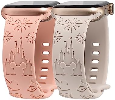 2 Packs Cartoon Bands Compatible with Apple Watch Bands 38/40/41/42/44/45/46/49mm Womens, Soft Silicone Cute Engraved Strap for iWatch Series 11 10 9 8 7 6 5 4 3 SE/Ultra 3 2 1