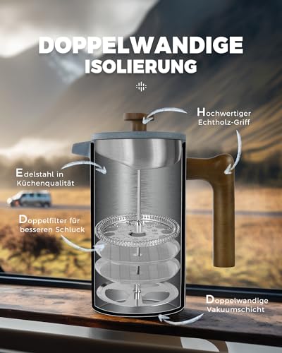 Poliviar French Press Kaffeebereiter 1 Liter/8 Tassen- Doppelwandige Isolierte Kaffeekanne und Teebereiter- Handfilter Kaffeepresse mit Plunger & Griff aus Holz (JX2023-FPLU-DE) 3