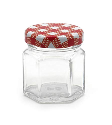 Image of Hexagonal 50 grams Airtight Glass Jar Containers for Honey, Spices & other Kitchen Items with Rust Proof Red Check Caps -Set of 06