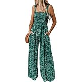 Generisch Jumpsuit Damen Sommer Lässiger Lockerer Werkzeugbau Jumpsuit mit Armelloser Bedruckter Hose mit Weitem Bein mit Taschen (Grün, M)