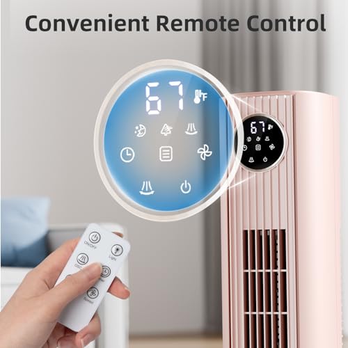 Image of Antarctic Star Tower Fan Portable Floor Fans 85Oscillating Fan Quiet Cooling 12H Timer Remote Control Standing Bladeless Electric 3 Wind Speeds 4 Modes Bedroom Office,36 inch, Pink