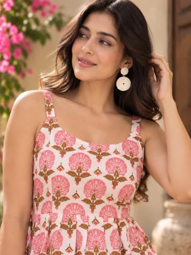 Image of feranoid Women Cotton Printed Sleeveless Strap Peplum Top