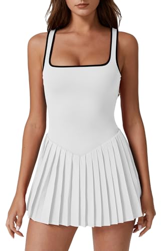Qinsen Square Neck Tennis Dress For Women Pleated Dresses Built In Shorts Backless A-Line Athletic Dress White&Amp;Black S