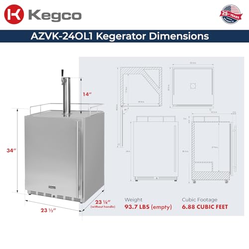 Image of Kegco 24 inch Wide Outdoor Single Tap Stainless Steel Left Hinge Kegerator with Dispense Kit