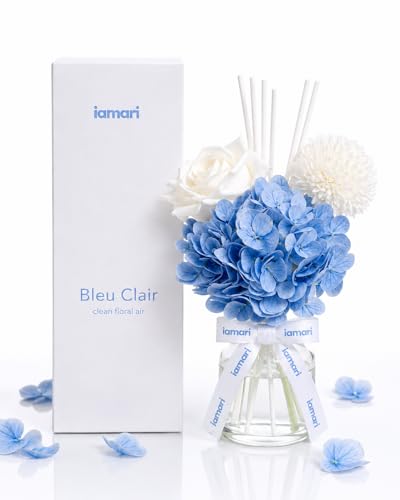 IAMARI Bleu Clair Decorative Reed Diffuser 140ml with Blue Hydrangea Flower Bouquet | Clean Floral Air Fragrance | Long Lasting Home Scent up to 9 Weeks | Luxury Home Decor & Gift