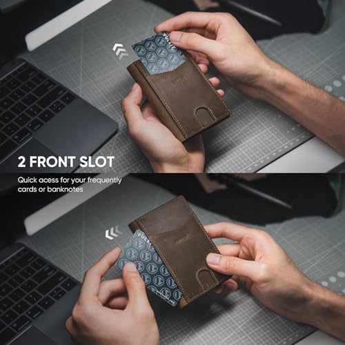 Image of VULKIT Bifold Front Pocket Slim Wallet RFID Blocking Minimalist Thin Genuine Leather Credit Card Holder Wallet for Men and Women Dark Brown