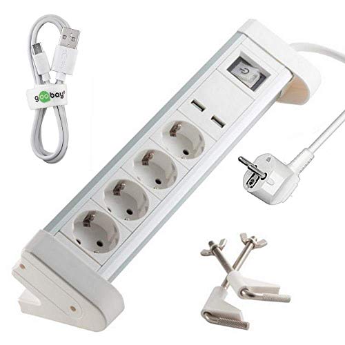 4-fach Alu-Tisch-Steckdosenleiste mit 2x USB Ladeanschluss; inkl. 1x USB-Schnellladekabel und Befestigungsmaterial; Beleuchteter Ein/Aus-Schalter. Kindersicherung. Schutzkontaktstecker-Zuleitung Cover