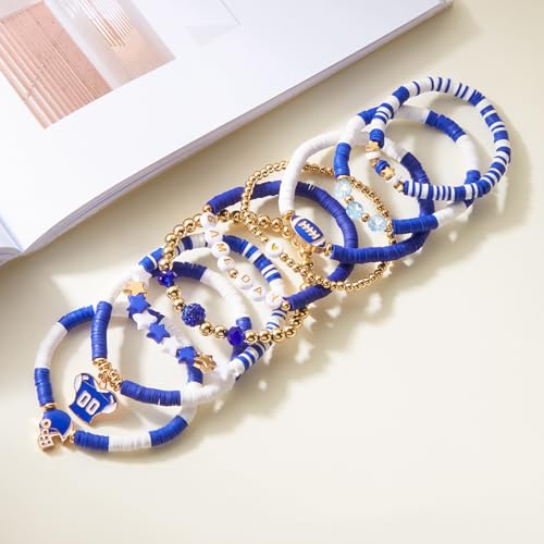 Game Day Bracelets Set for Women Men Football Bracelets Stack Beaded Stretch Red Black Blue Clay Beaded Stretch Bracelets Stackable Sports Charm Bracelet Jewelry Accessories (Blue White-9) — view 4