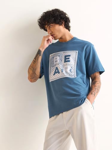 Image of THE BEAR HOUSE Men's Oversize Fit Blue Cotton Printed Polo